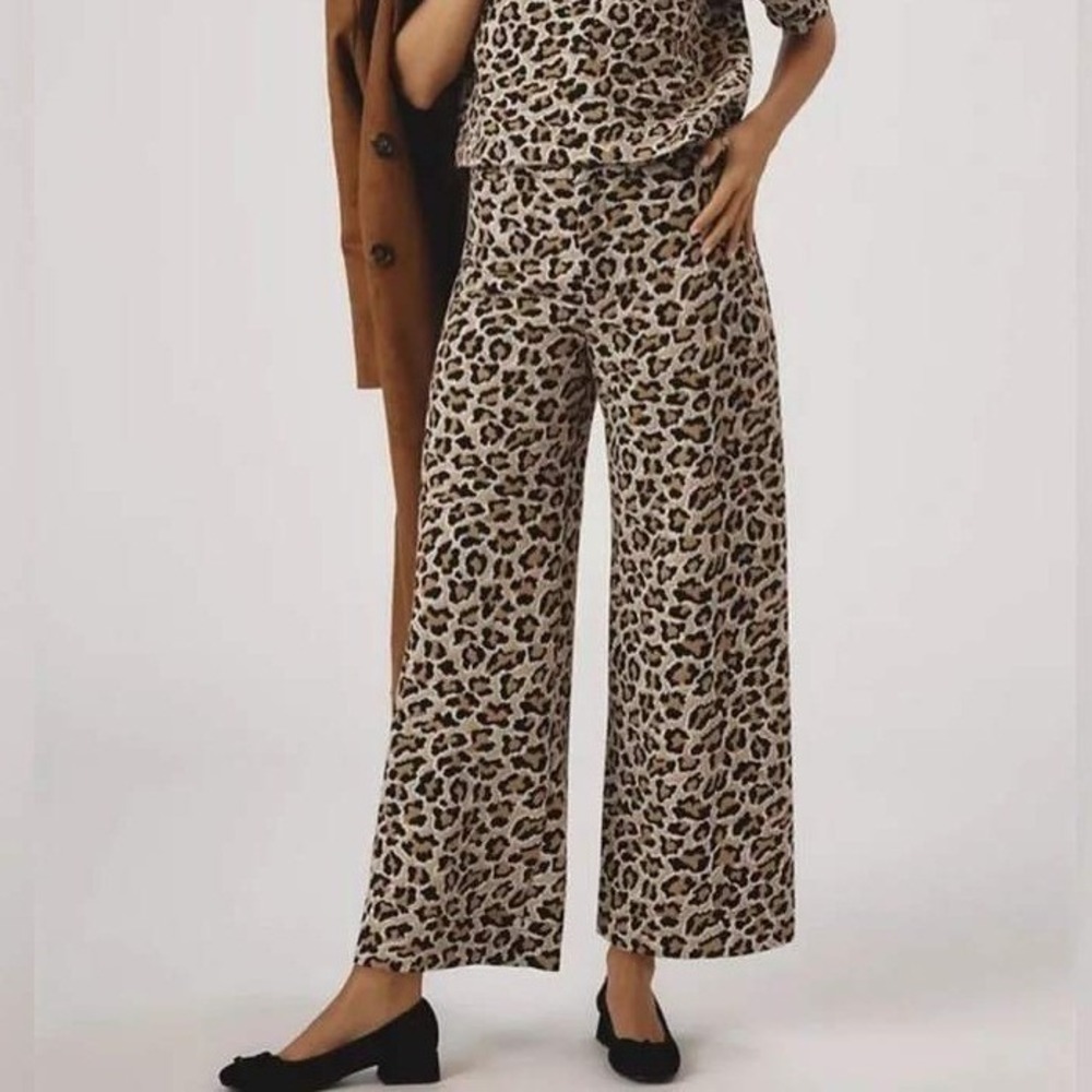 Maeve‎ Ettie Leopard Print High Rise Wide Leg Jacquard Pants Brown Tan 25